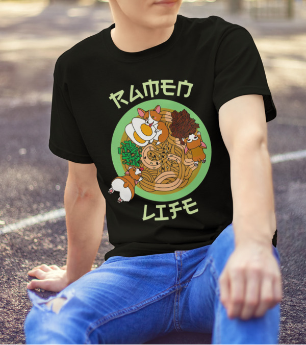 Ramen Life Corgi Puppy Dog Playful Bowl Of Noodles T-Shirt