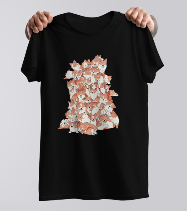 Pencil Painting Cute Piling Corgi Puppies Cuddle Stack T-Shirt