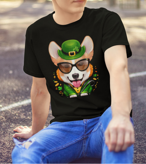 Welsh Corgi Dressed As Leprechaun With Sunglasses And Shamrocks T-Shirt