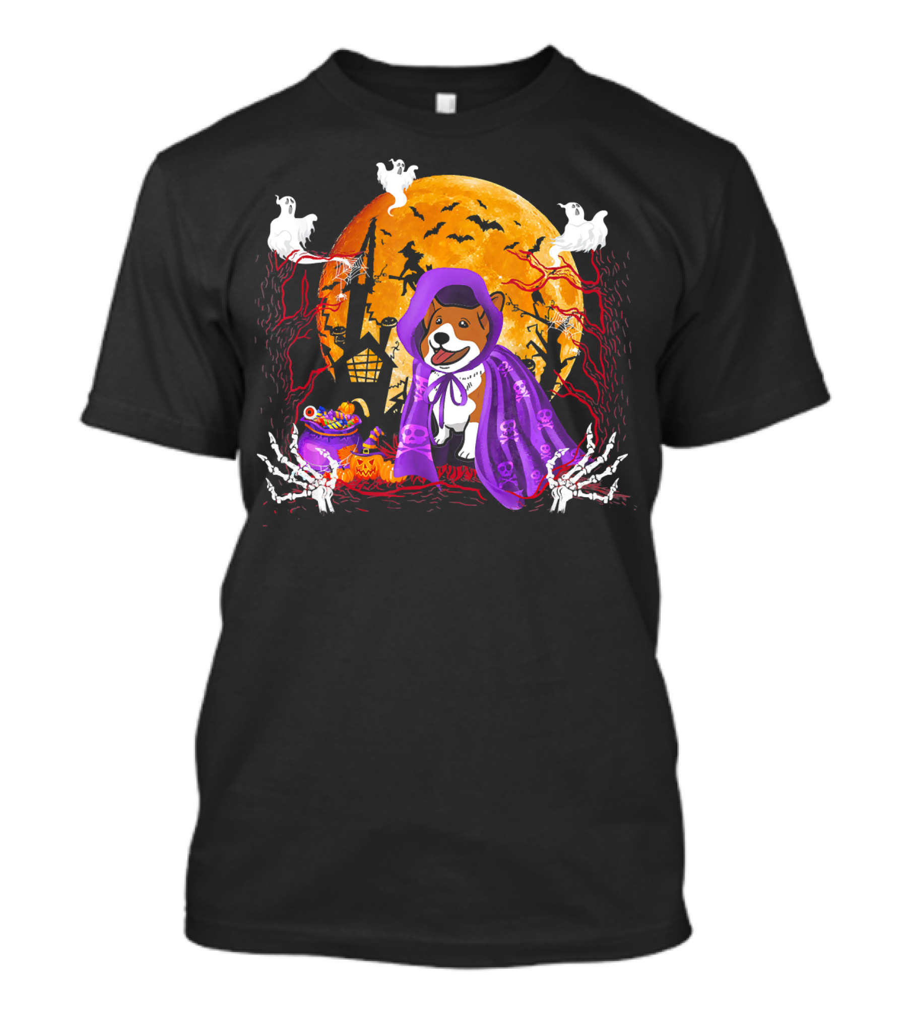 Welsh Corgi Dog In Purple Cloak With Ghosts And Full Moon Halloween Scene T-Shirt