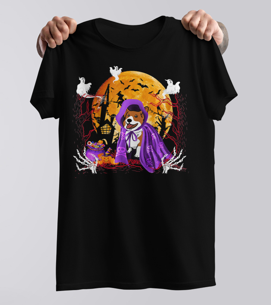 Welsh Corgi Dog In Purple Cloak With Ghosts And Full Moon Halloween Scene T-Shirt