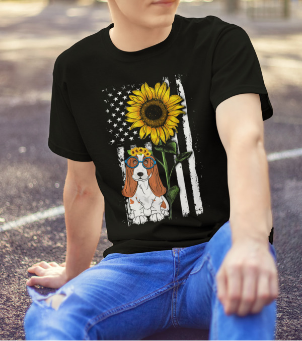 Sunflower Patriotic American Flag Basset With Glasses T-Shirt