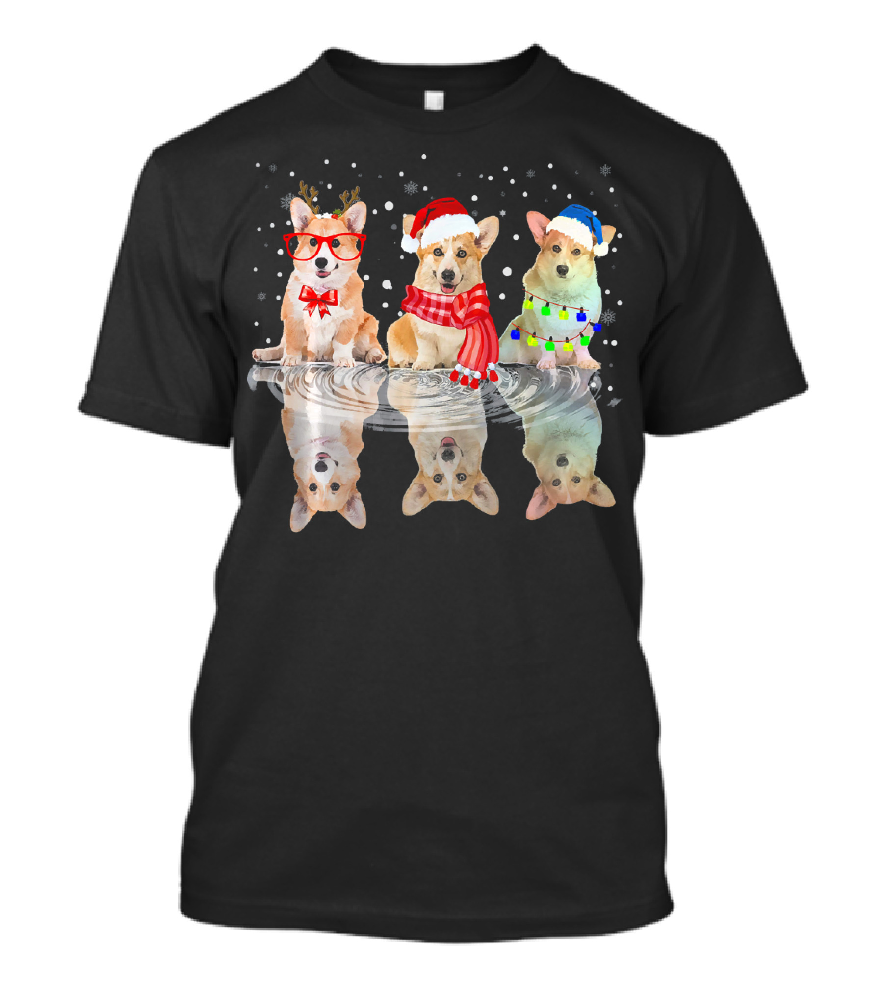 Three Corgi Dog Reflection Christmas Holiday Snowflakes T-Shirt