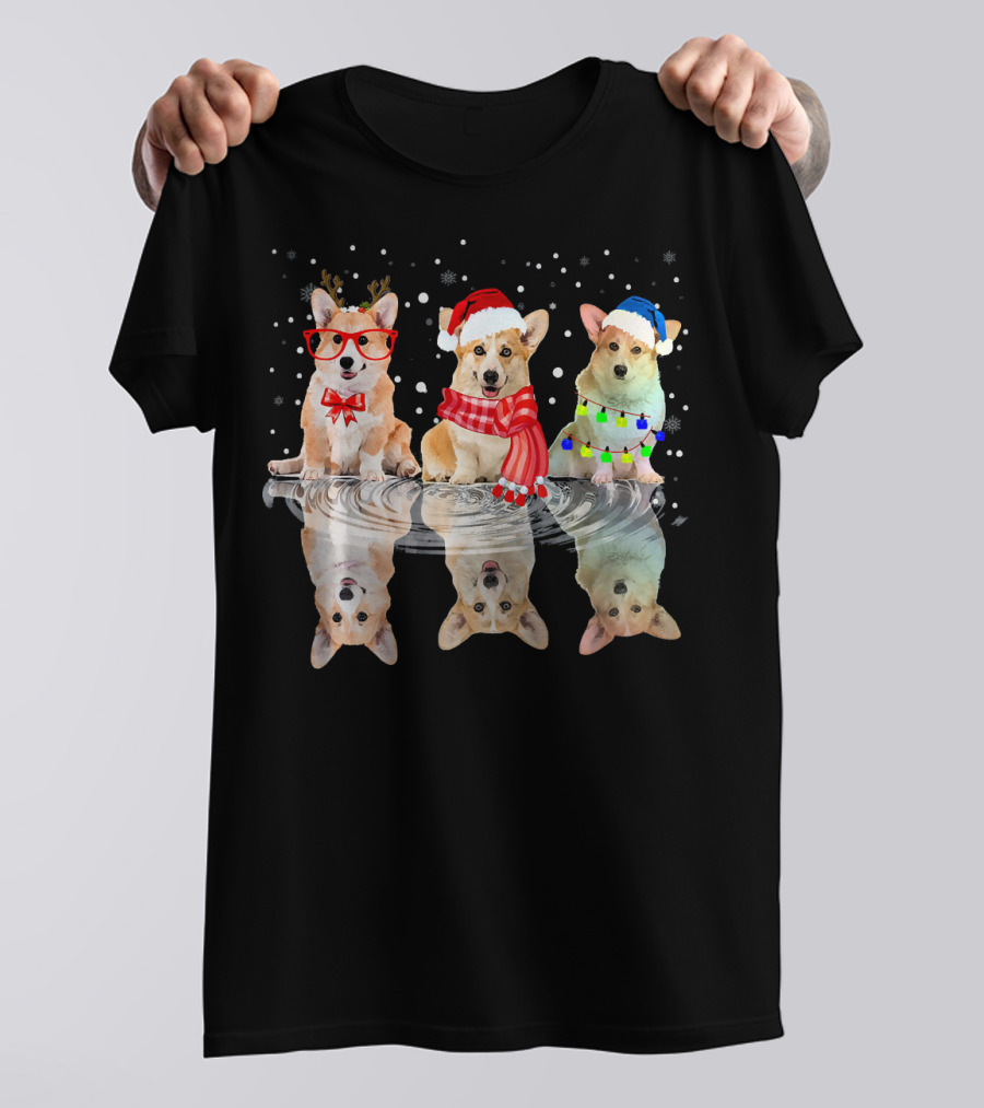 Three Corgi Dog Reflection Christmas Holiday Snowflakes T-Shirt