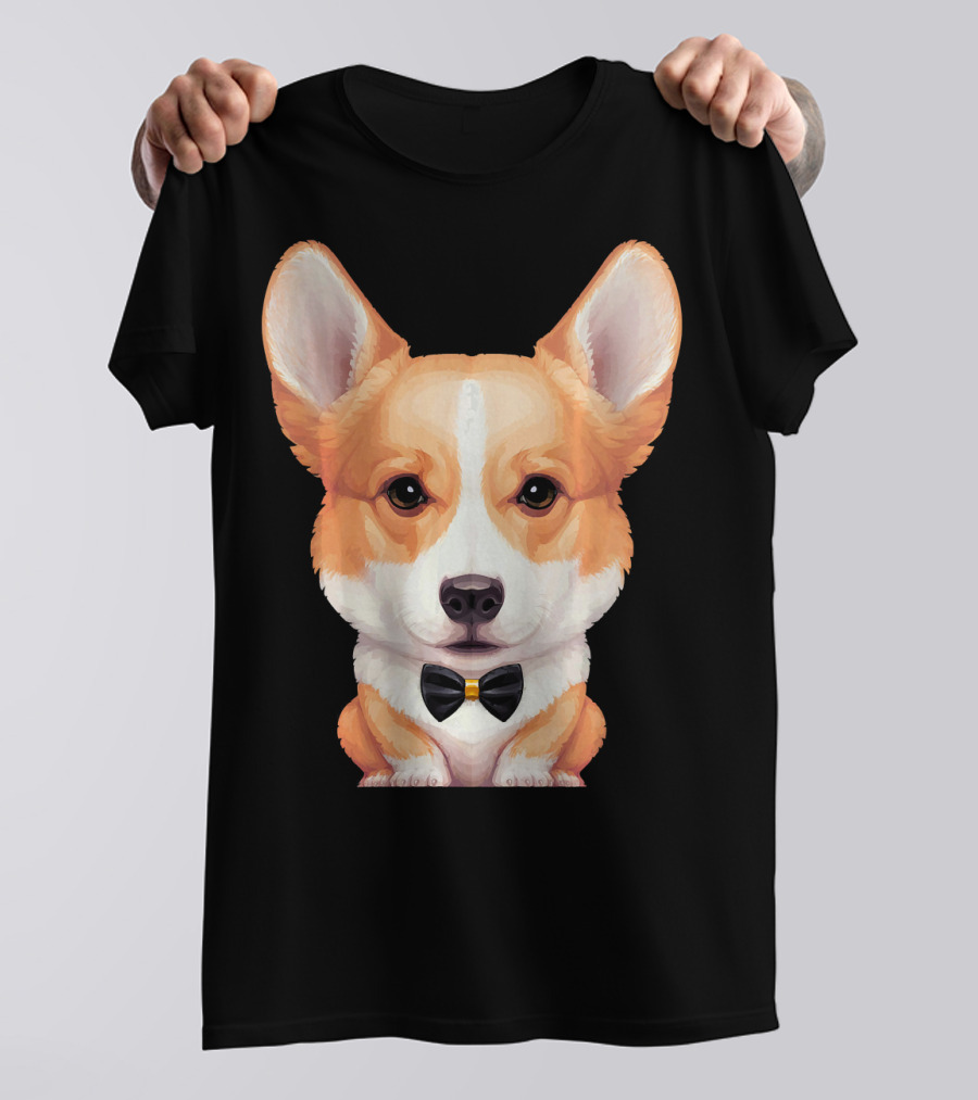 Welsh Corgi With Black Bow Tie Front View T-Shirt