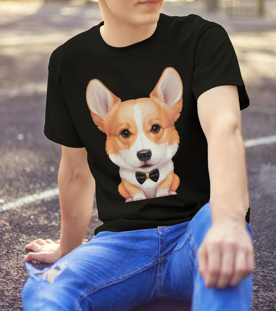 Welsh Corgi With Black Bow Tie Front View T-Shirt