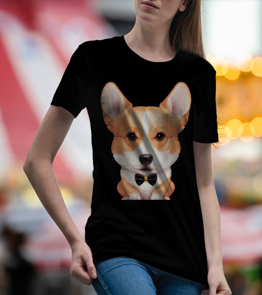 Welsh Corgi With Black Bow Tie Front View T-Shirt