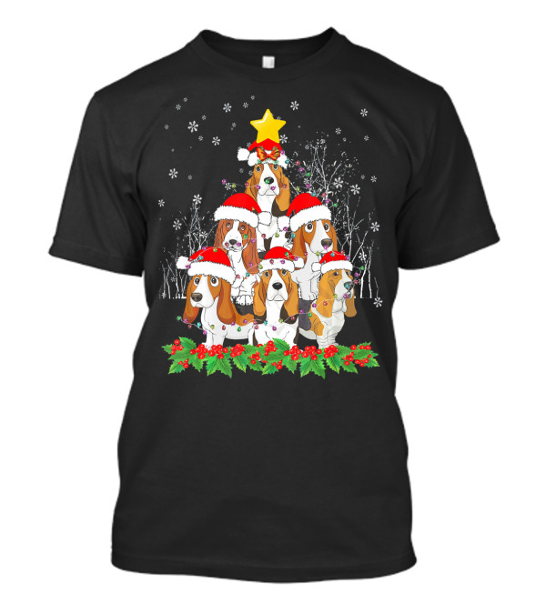 Basset Hound Christmas Tree With Santa Hats And Love T-Shirt
