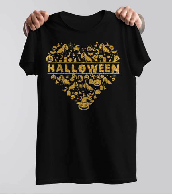 Basset Hound Halloween Heart Pumpkin Ghost Bat Cat Hat T-Shirt