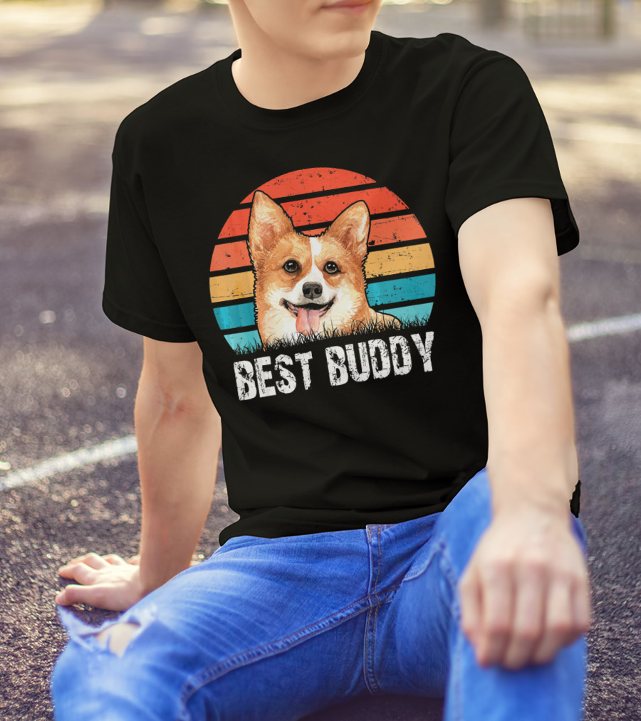 Welsh Corgi Best Buddy Retro Stripes T-Shirt