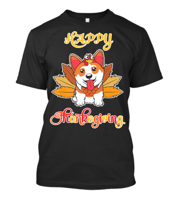 Happy Thanksgiving Turkey Pilgrim Ride Corgi Dog T-Shirt