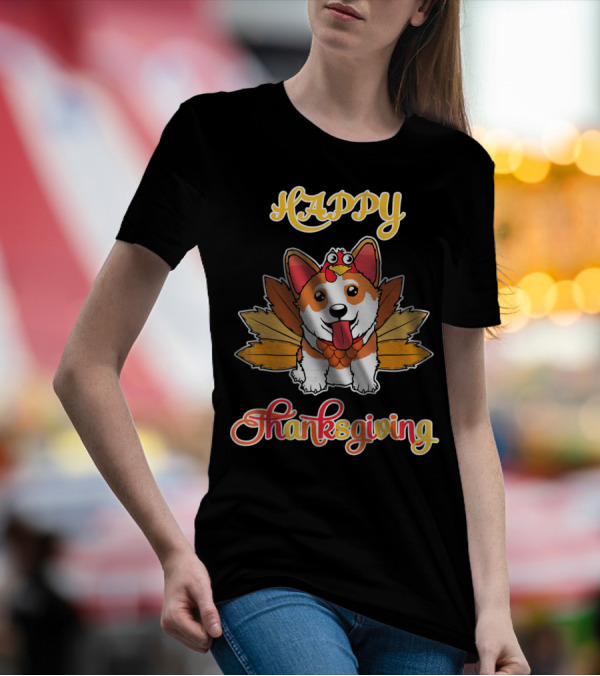 Happy Thanksgiving Turkey Pilgrim Ride Corgi Dog T-Shirt