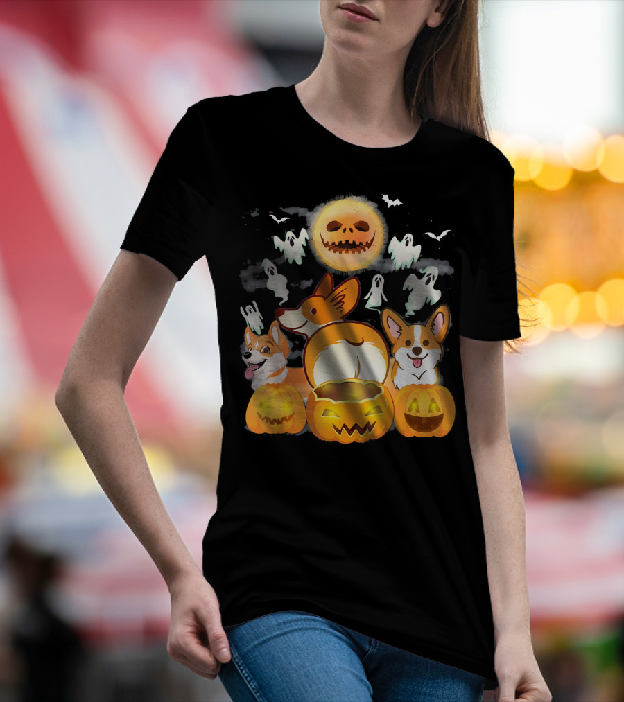 Welsh Corgi Cardigans Halloween Team Ghosts And Pumpkins T-Shirt