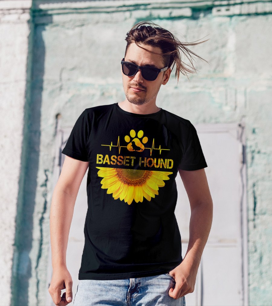 Basset Hound Heartbeat Sunflower Paw Prints T-Shirt
