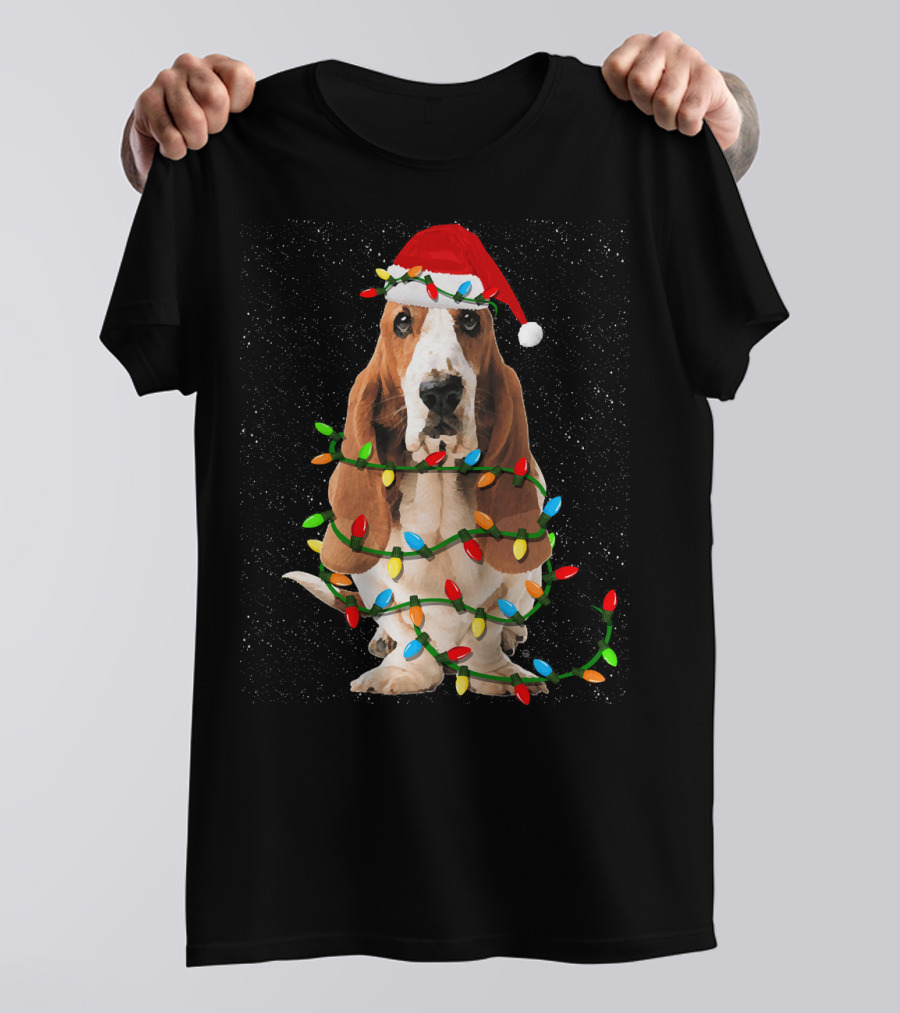 Basset Hound Christmas Lights Santa Hat T-Shirt