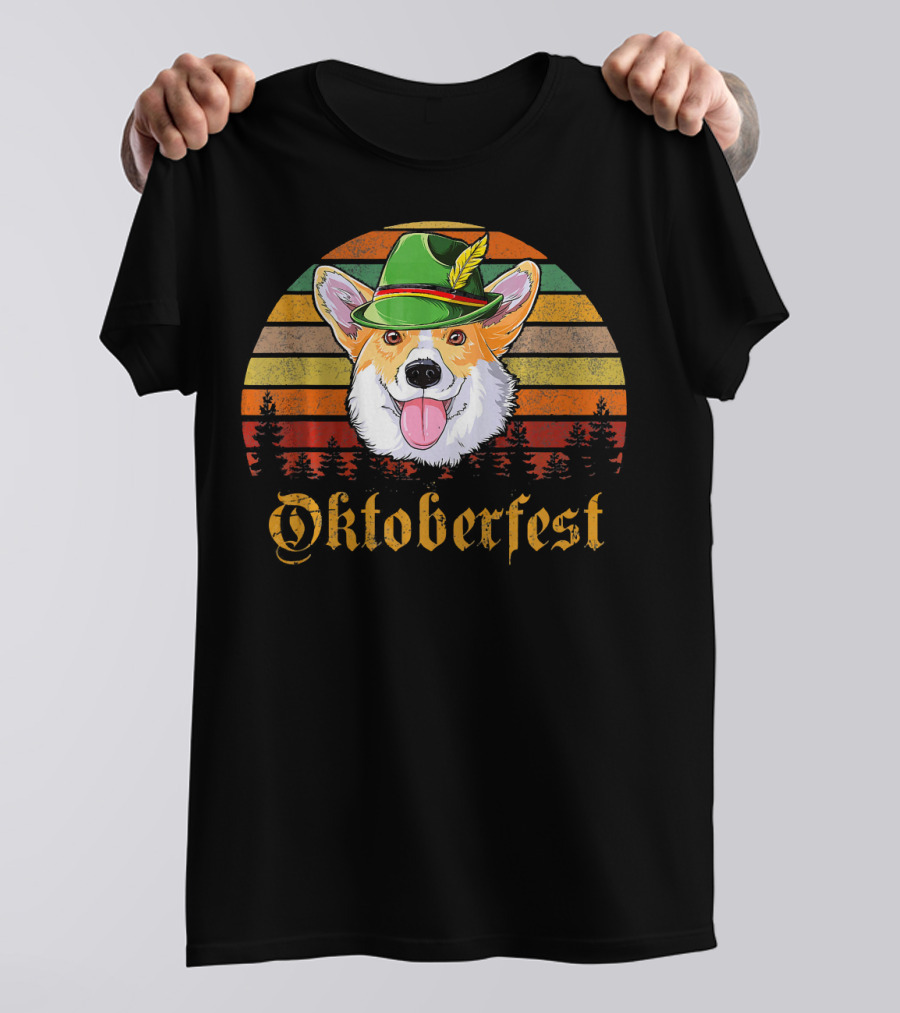 Retro Vintage Corgi Oktoberfest Forest Sunset Hat T-Shirt