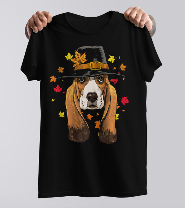 Thanksgiving Basset Hound In Pilgrim Hat With Autumn Leaves T-Shirt