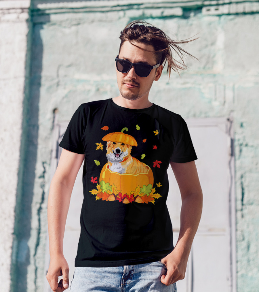 Thanksgiving Cute Corgi In Pumpkin With Autumn Leaves T-Shirt