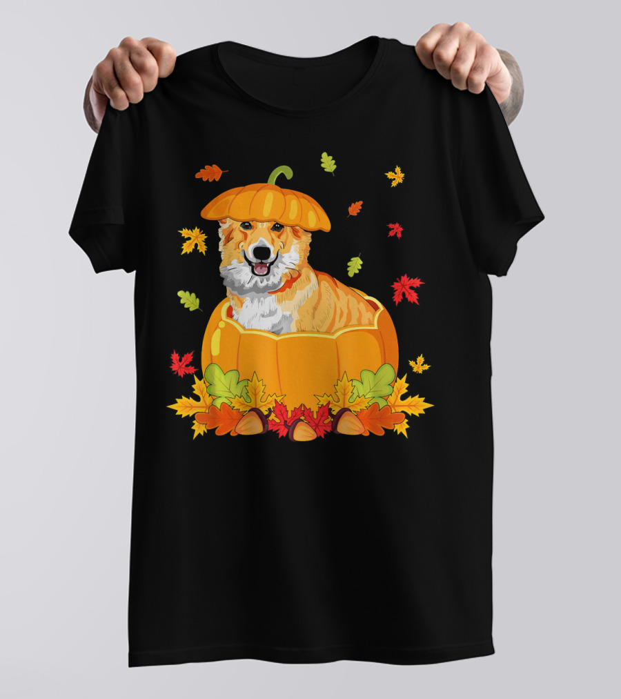 Thanksgiving Cute Corgi In Pumpkin With Autumn Leaves T-Shirt