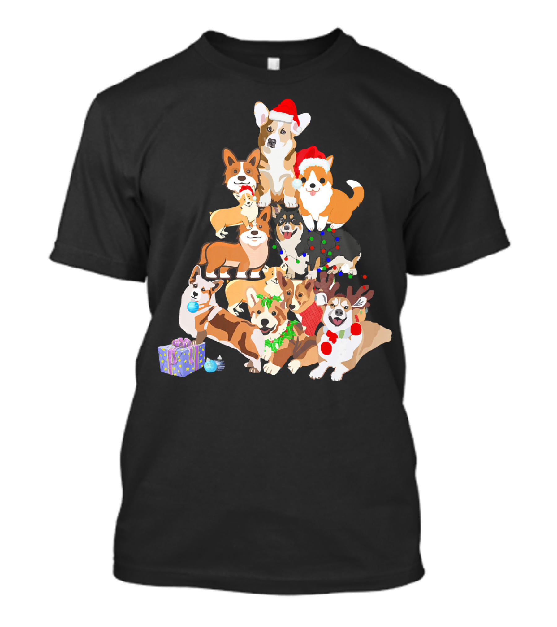 Santa Corgi Christmas Tree With Corgis In Festive Hats And Decorations T-Shirt