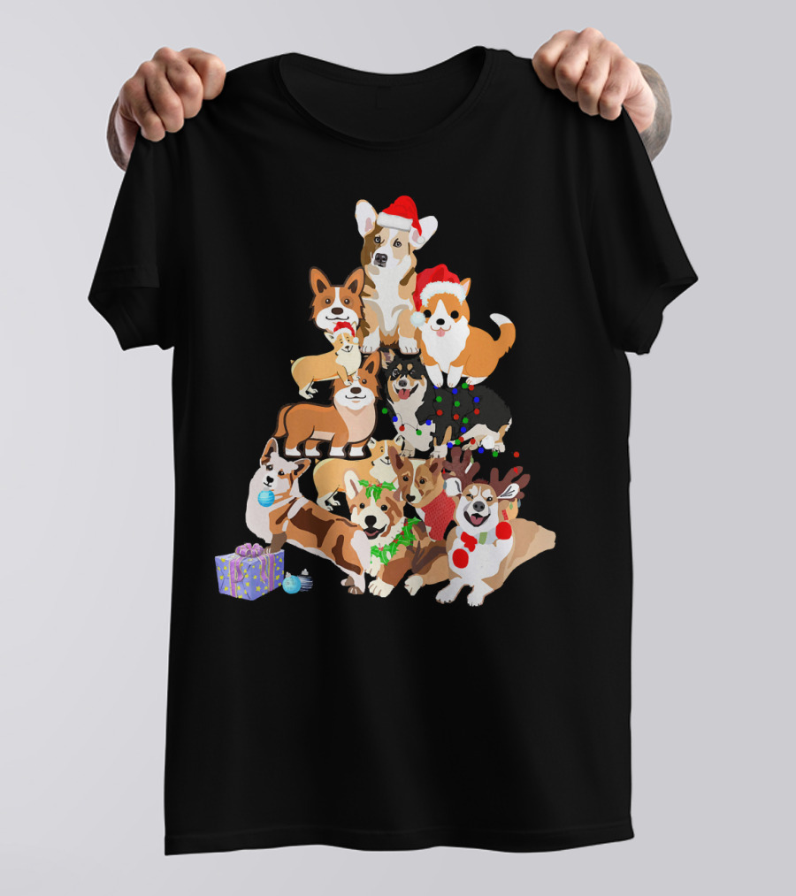 Santa Corgi Christmas Tree With Corgis In Festive Hats And Decorations T-Shirt