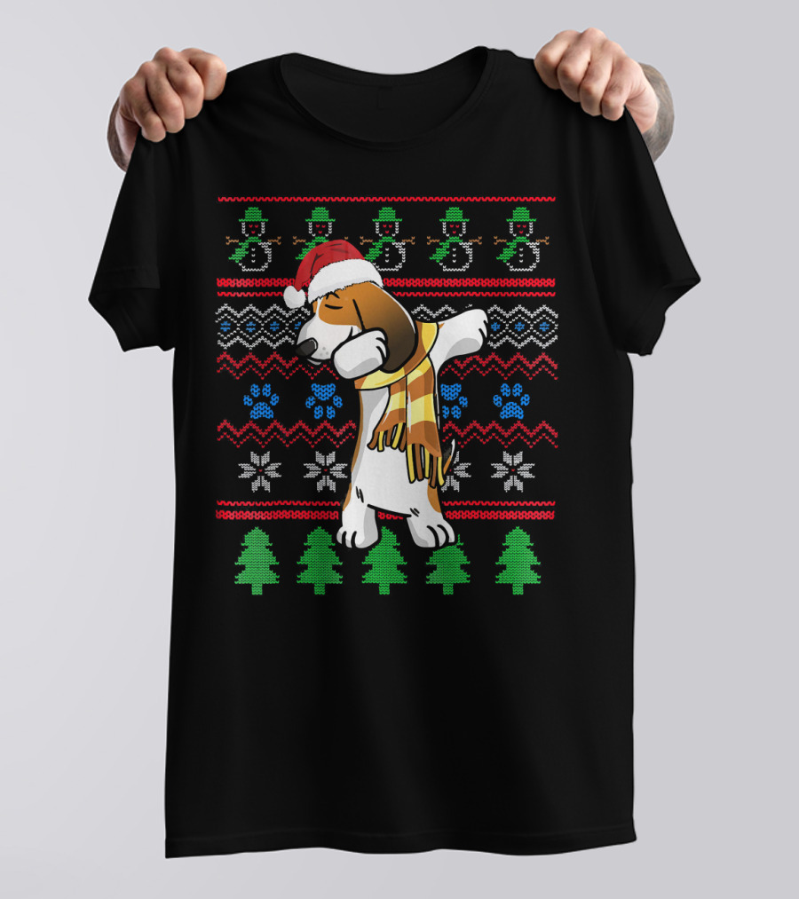 Basset Hound Dabbing Christmas UglyStyle Sweater Snowman Trees T-Shirt