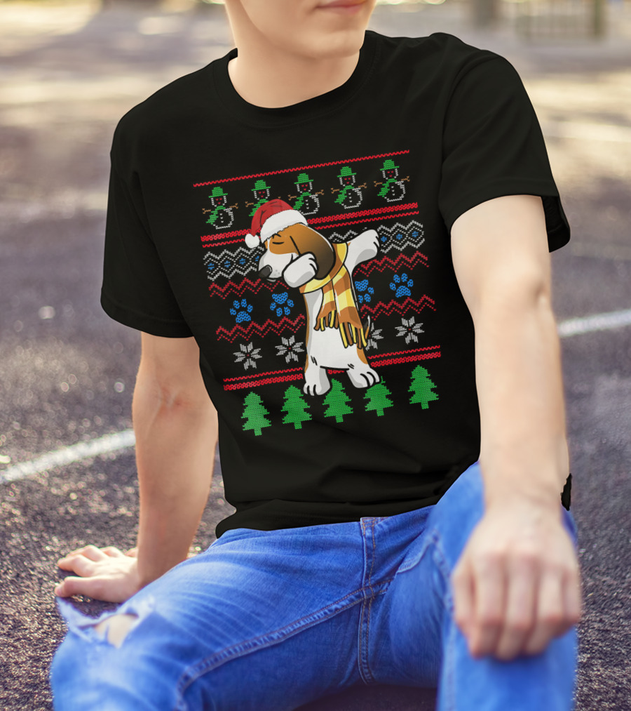 Basset Hound Dabbing Christmas UglyStyle Sweater Snowman Trees T-Shirt