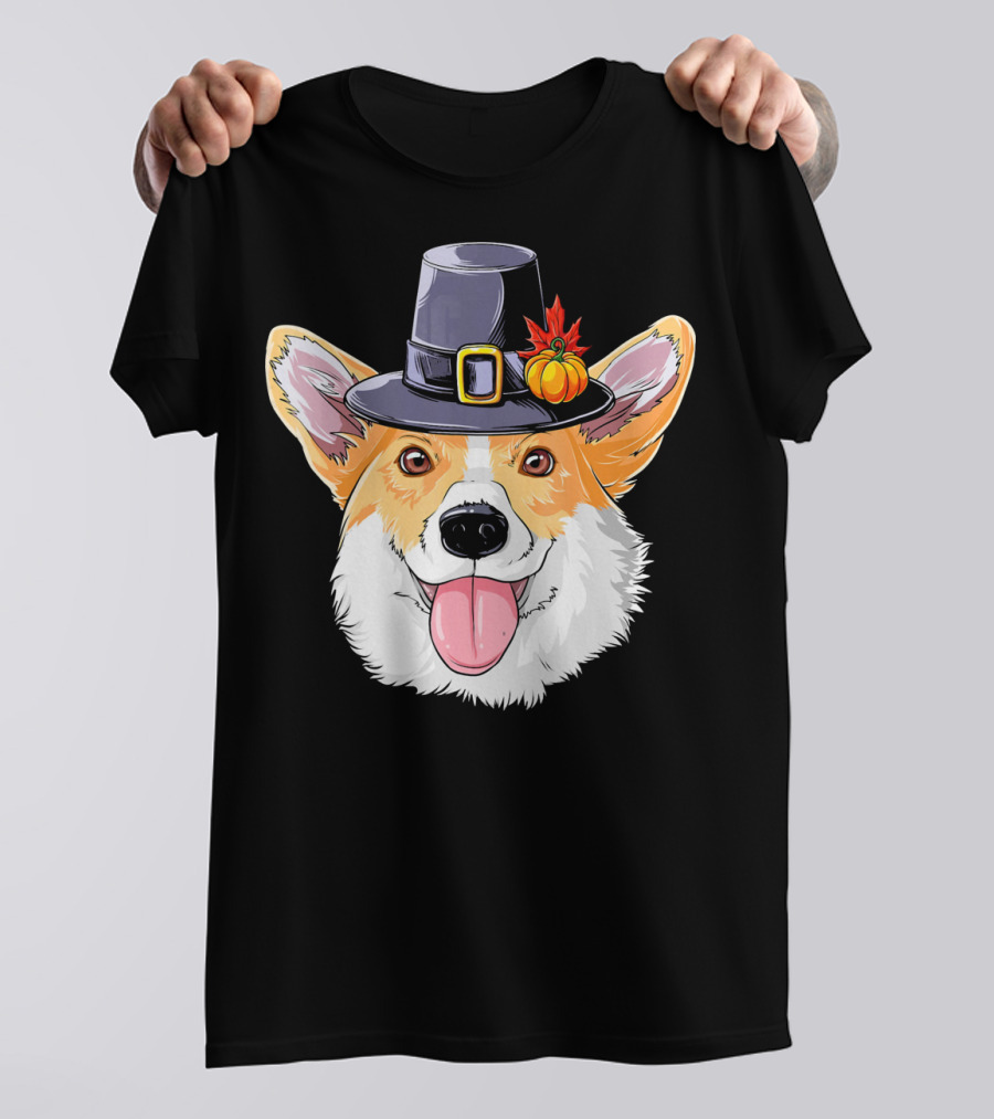 Thanksgiving Co Corgi Wearing Pilgrim Hat With Pumpkin And Autumn Leaf T-Shirt