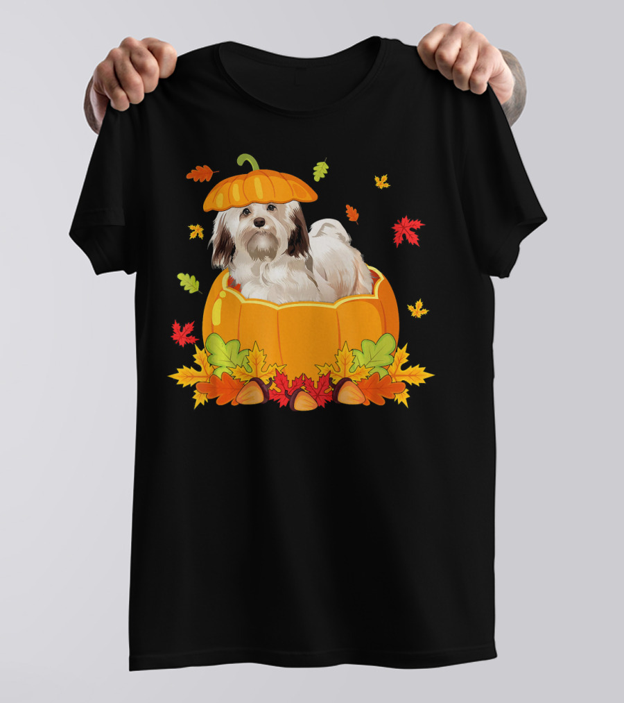 Thanksgiving Havanese Dog In Pumpkin With Autumn Leaves T-Shirt