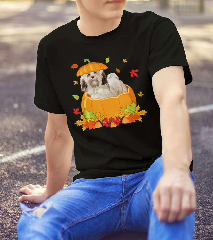 Thanksgiving Havanese Dog In Pumpkin With Autumn Leaves T-Shirt