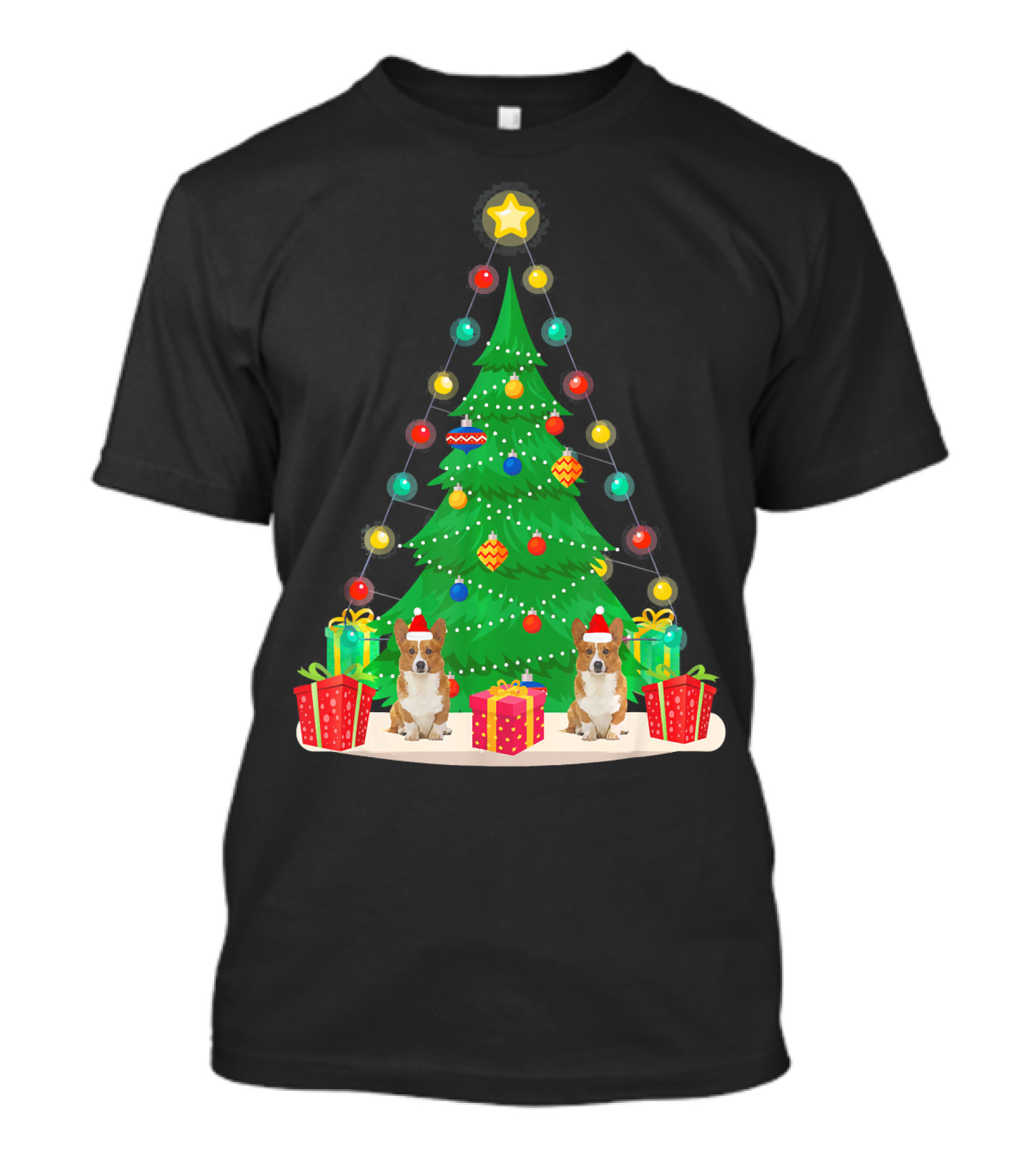 Santa Welsh Corgi Dog Under Christmas Tree With Presents And Lights T-Shirt