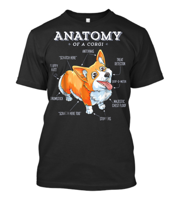 ANATOMY OF A CORGI SCRATCH HERE FLUFFY BUTT DRUMSTICK ANTENNAS TREAT DETECTOR DERP-O-METER MAJESTIC CHEST FLOOF STUMPERS T-Shirt