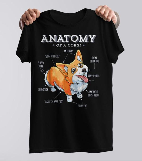 ANATOMY OF A CORGI SCRATCH HERE FLUFFY BUTT DRUMSTICK ANTENNAS TREAT DETECTOR DERP-O-METER MAJESTIC CHEST FLOOF STUMPERS T-Shirt