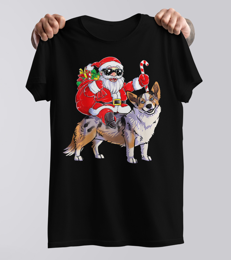 Santa Claus With Goggles Riding Cardigan Welsh Corgi Holding Candy Cane T-Shirt