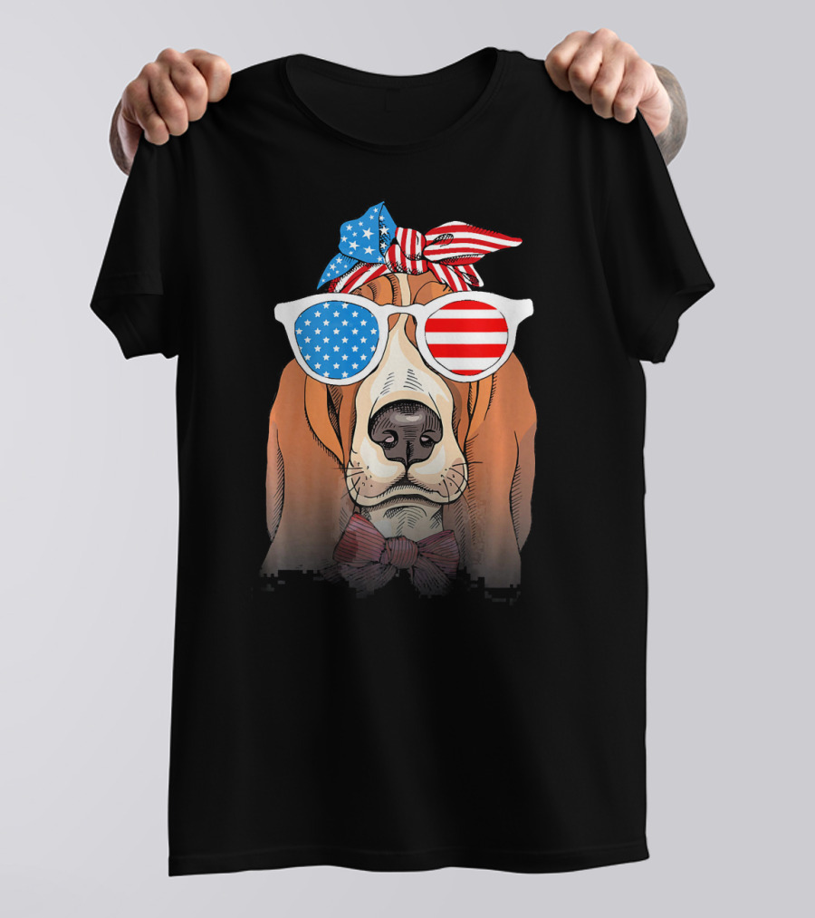 Basset Hound Dog 4th Of July Patriotic Glasses And Bowtie T-Shirt