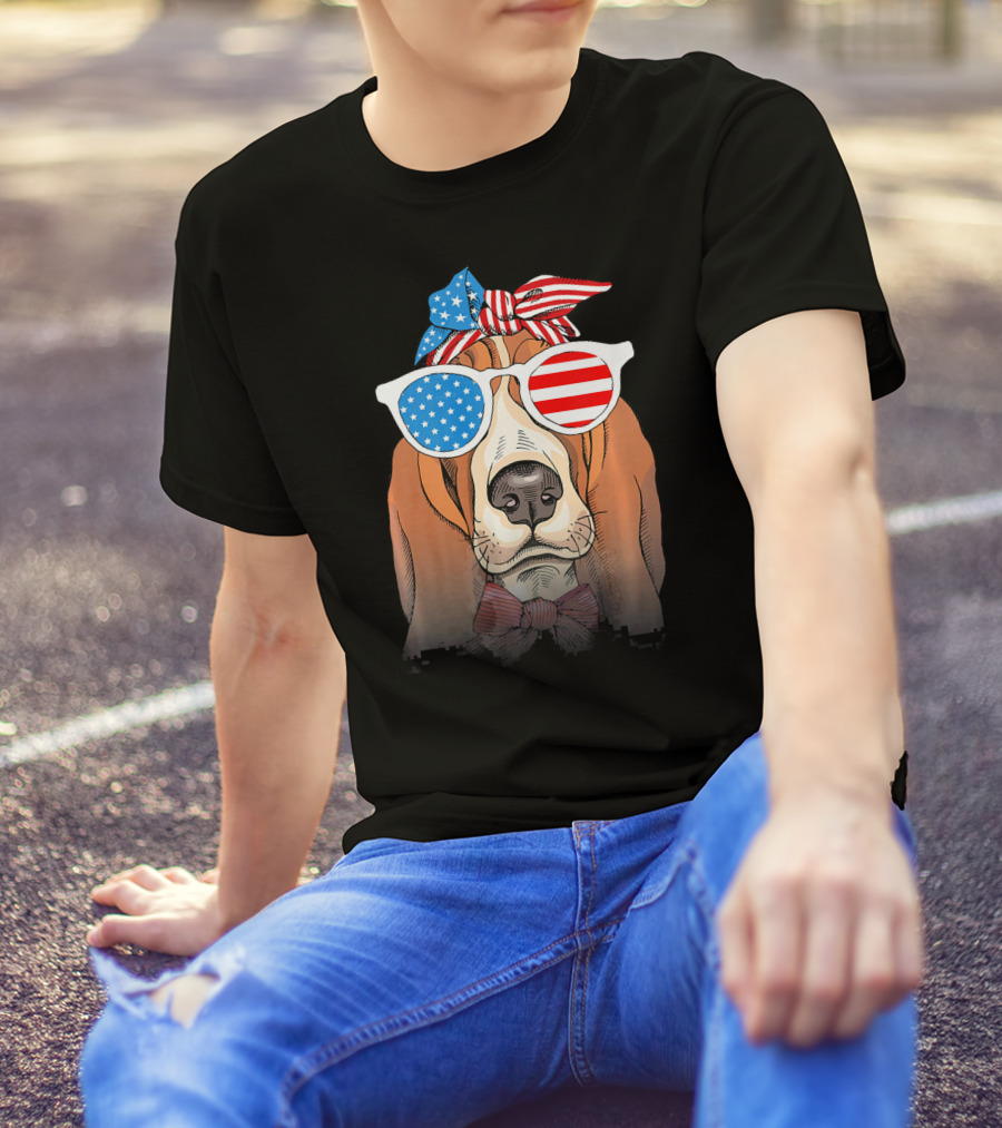 Basset Hound Dog 4th Of July Patriotic Glasses And Bowtie T-Shirt