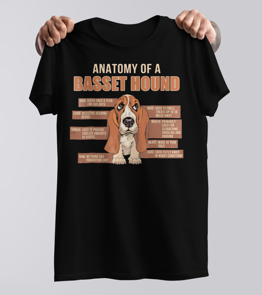 Anatomy Of A Basset Hound Hair Shedding Nose Smelling Tongue Kisses Ears Hearing Mouth Drooling Bum Gas Heart Gold T-Shirt