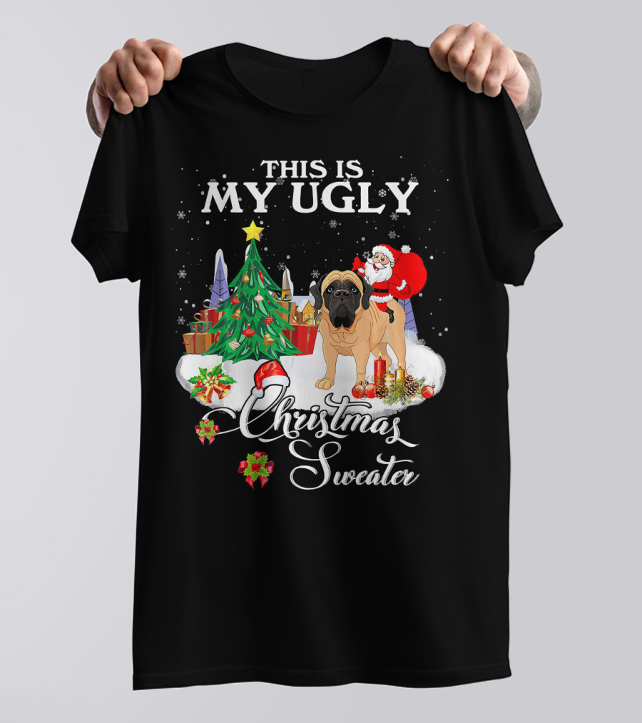 My Ugly Christmas Sweater Santa Riding English Mastiff Dog T-Shirt