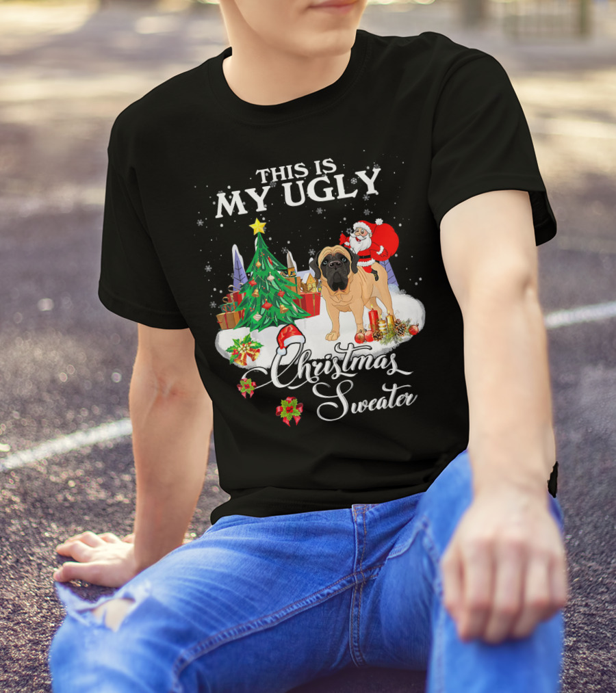 My Ugly Christmas Sweater Santa Riding English Mastiff Dog T-Shirt