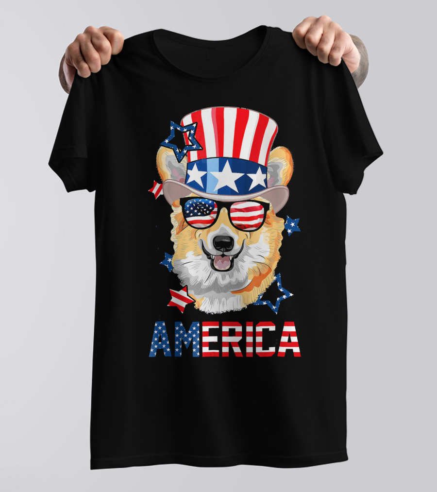 Patriotic America Corgi With Stars And Stripes Hat And Sunglasses T-Shirt