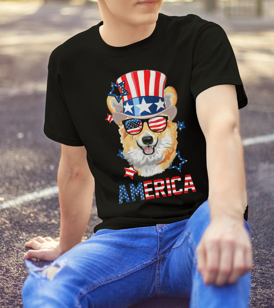 Patriotic America Corgi With Stars And Stripes Hat And Sunglasses T-Shirt
