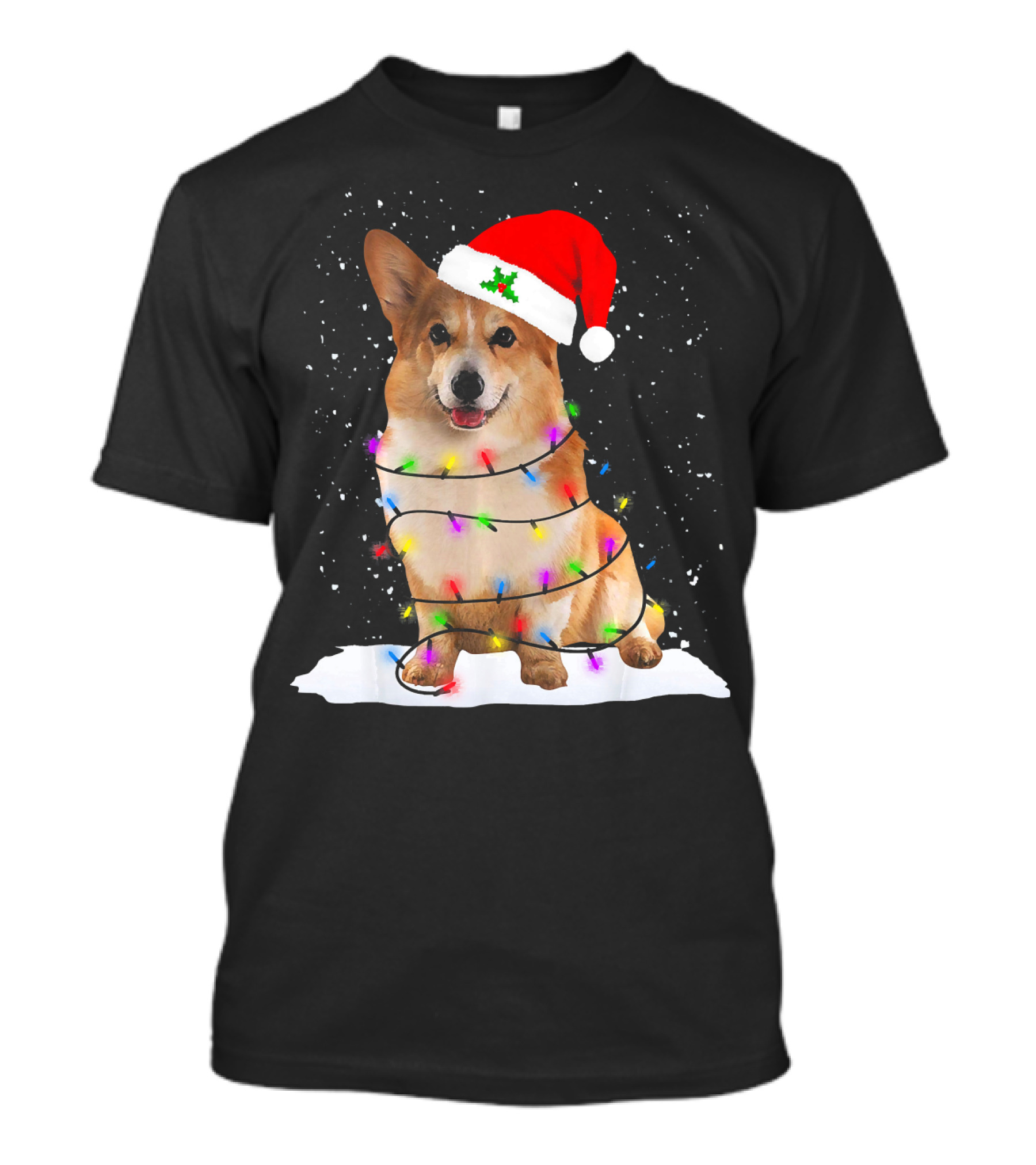 Welsh Corgi Wrapped In Christmas Lights Wearing Santa Hat T-Shirt