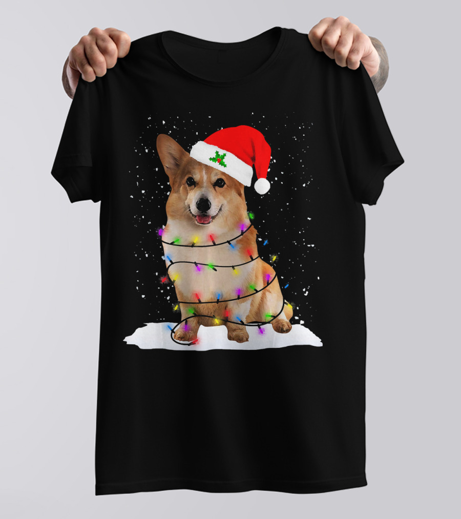 Welsh Corgi Wrapped In Christmas Lights Wearing Santa Hat T-Shirt