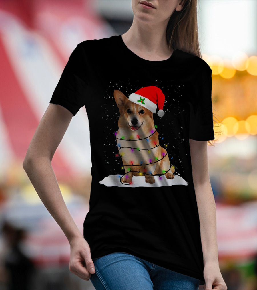 Welsh Corgi Wrapped In Christmas Lights Wearing Santa Hat T-Shirt