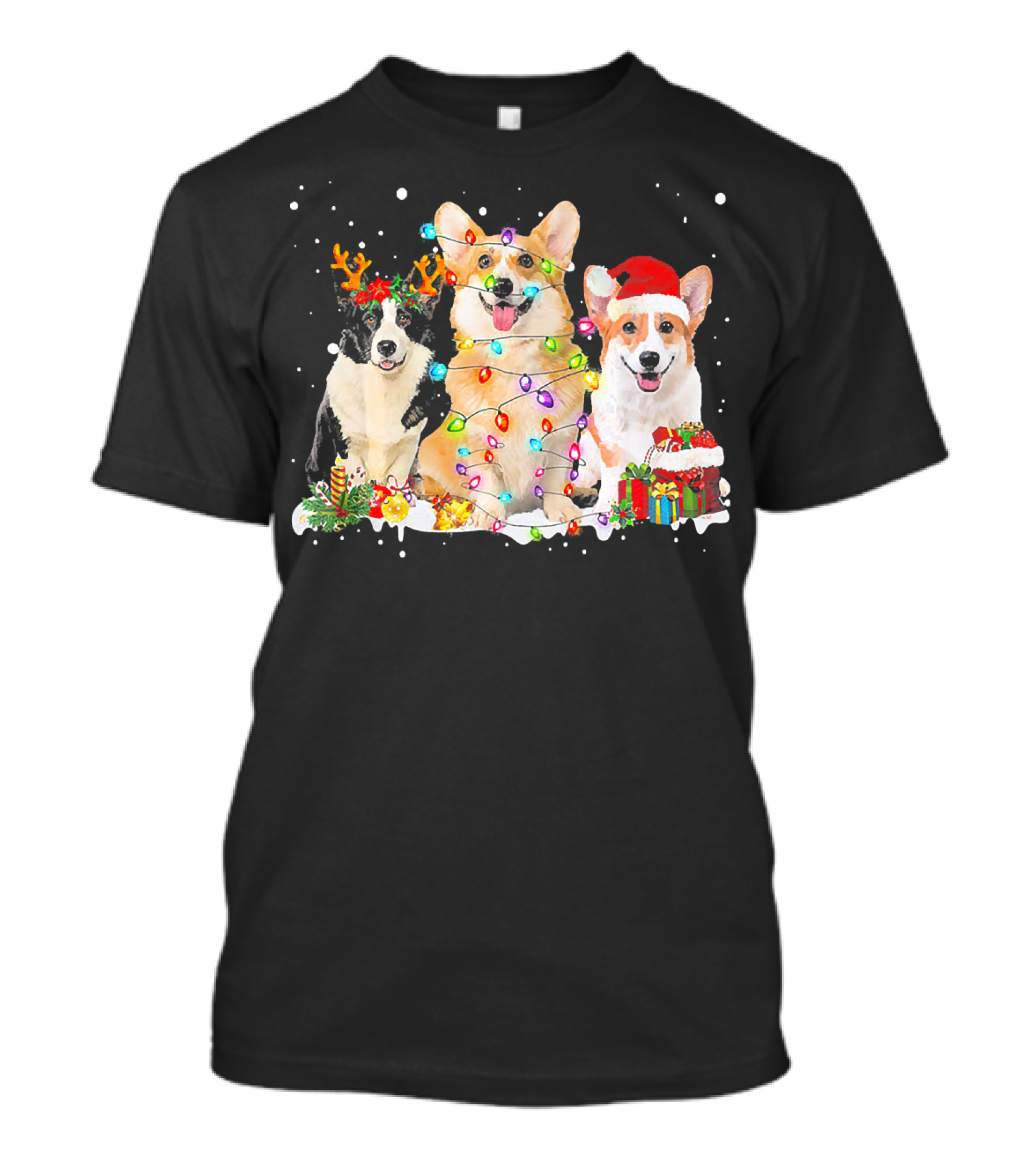 Welsh Corgi Reindeer Santa Lights Christmas T-Shirt