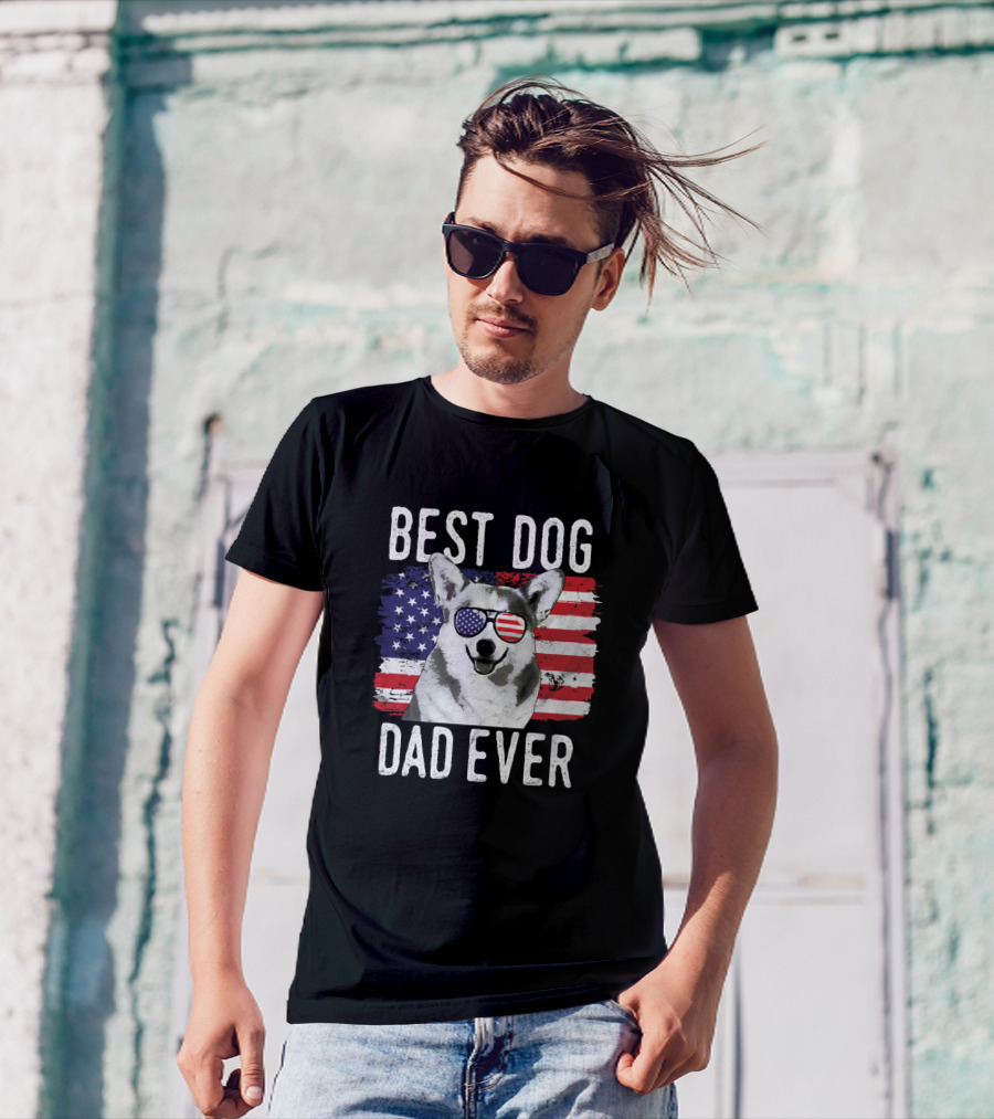 Best Dog Dad Ever American Flag Sunglasses Corgi T-Shirt