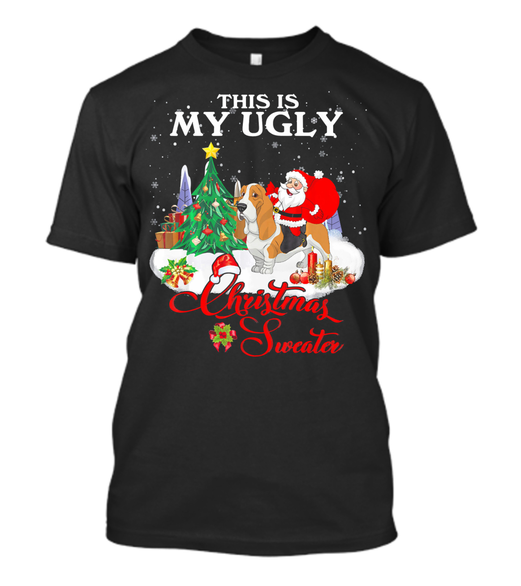 This Is My Ugly Christmas Sweater Santa Riding Basset Hound T-Shirt