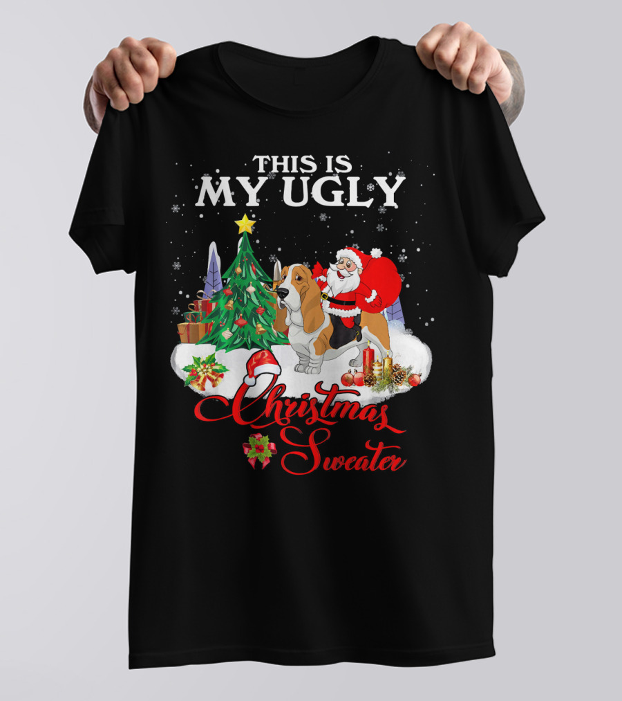 This Is My Ugly Christmas Sweater Santa Riding Basset Hound T-Shirt