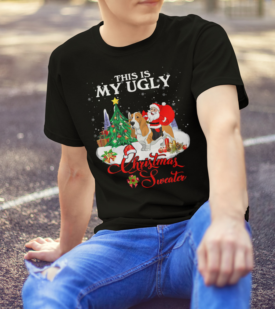 This Is My Ugly Christmas Sweater Santa Riding Basset Hound T-Shirt