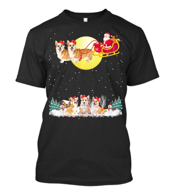 Santa Claus Sleigh Welsh Corgi Reindeer Christmas Lights Holiday Scene T-Shirt